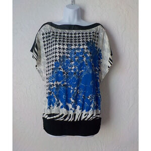 Cache Silky Floral Tunic Women Sz Small Blue White Black Houndstooth Top Blouse